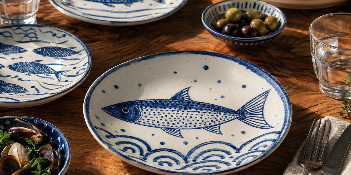 Assiettes décor poissons méditerranéens