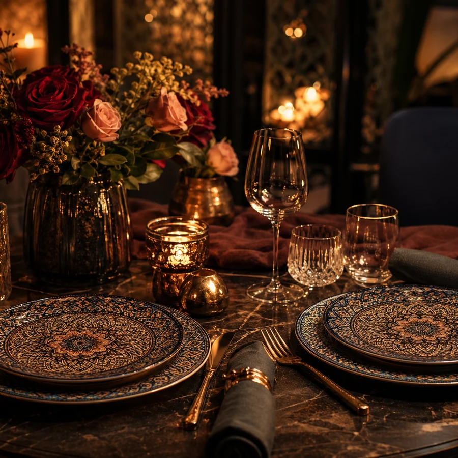 Dîner bougies vaisselle mandala
